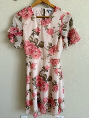 Attic Salt Pink Floral Ruffle-Sleeve Mini Dress Size L